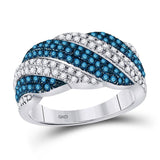 10kt White Gold Womens Round Blue Color Enhanced Diamond Striped Band Ring /8 Cttw