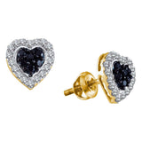 14kt Yellow Gold Womens Round Black Color Enhanced Diamond Heart Earrings 1/3 Cttw