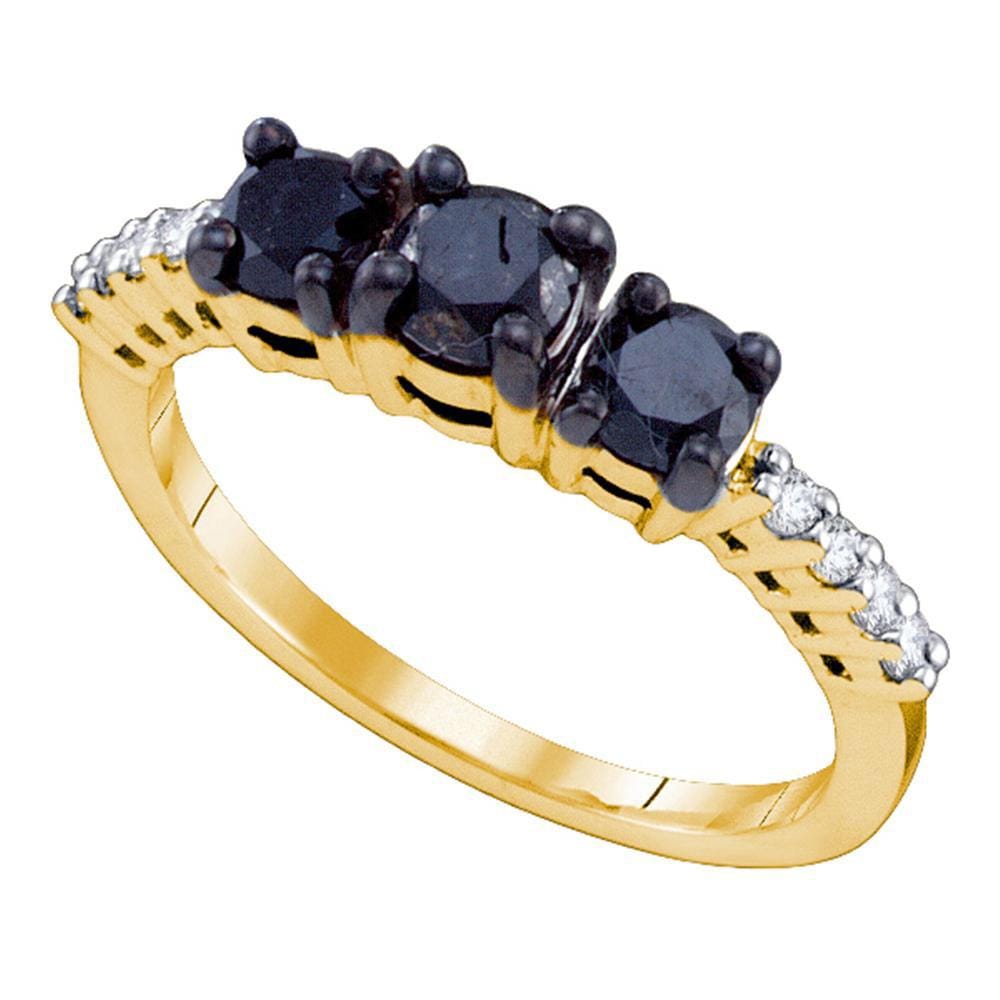 10kt Yellow Gold Round Black Color Enhanced Diamond 3-stone Bridal Wedding Ring 1 Cttw