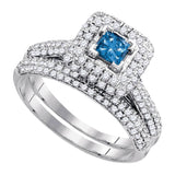 14kt White Gold Round Blue Color Enhanced Diamond Solitaire Bridal Wedding Ring Band Set 1-1/4 Cttw