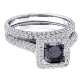 14kt White Gold Womens  Black Color Enhanced Diamond Bridal Wedding Engagement Ring Band Set 1-1/4 Cttw