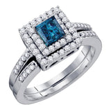 14kt White Gold Womens Princess Blue Color Enhanced Diamond Bridal Wedding Ring Set /8 Cttw
