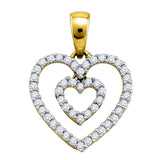 10k Yellow Gold Womens Round Diamond Open-Center Double Nested Heart Dangle Pendant 1/6 Cttw