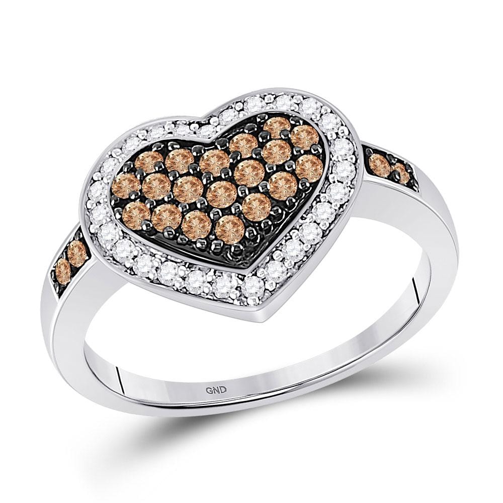10kt White Gold Womens Round Brown Diamond Framed Heart Cluster Ring 1/2 Cttw