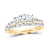 14kt Yellow Gold Round Diamond 3-Stone Bridal Wedding Ring Band Set 1 Cttw