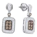 10kt White Gold Womens Round Brown Diamond Dangle Earrings 1/2 Cttw