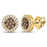 10k Yellow Gold Womens Brown Diamond Flower Cluster Stud Earrings 1/4 Cttw