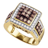 10kt Yellow Gold Womens Round Brown Diamond Square Cluster Ring 1-1/2 Cttw