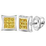 Sterling Silver Womens Round Yellow Color Enhanced Diamond Square Kite Stud Earrings .03 Cttw