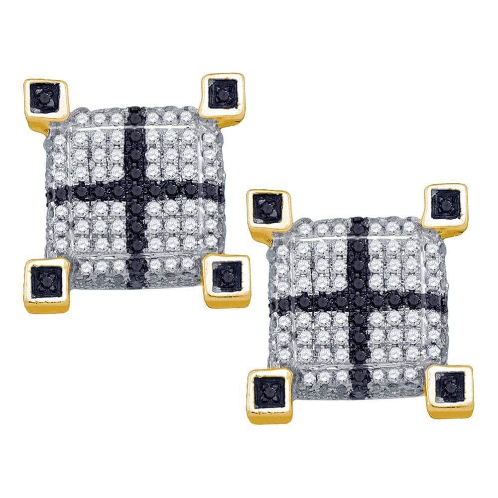 10kt Yellow Gold Mens Round Black Color Enhanced Diamond 3D Cube Square Cross Earrings 5/8 Cttw