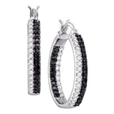 10kt White Gold Womens Round Black Color Enhanced Diamond Inside-Outside In Out Hoop Earrings 7/8 Cttw