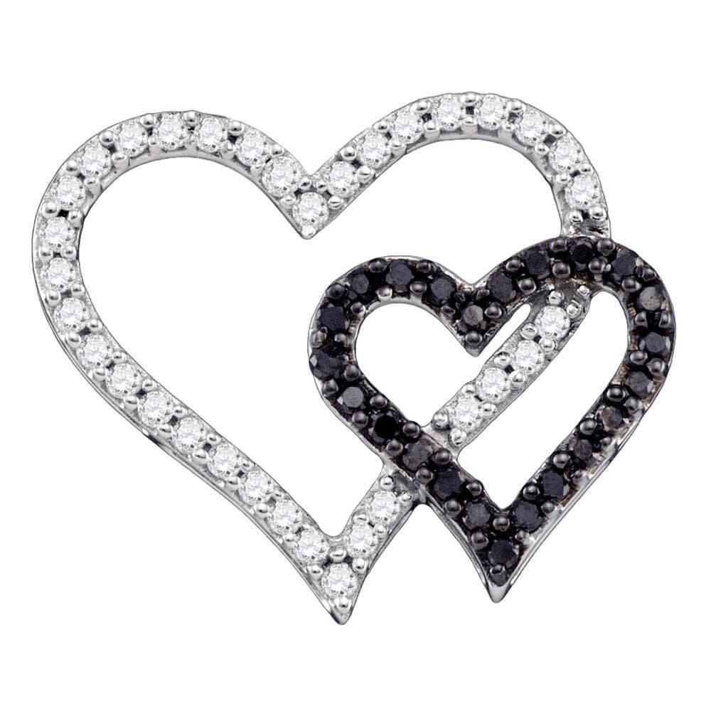 10kt White Gold Womens Round Black Color Enhanced Diamond Double Heart Outline Pendant 1/2 Cttw