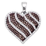 10kt White Gold Womens Round Cognac-brown Color Enhanced Diamond Striped Heart Pendant 1.00 Cttw