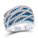 10kt White Gold Womens Round Blue Color Enhanced Diamond Striped Ring 1-1/4 Cttw