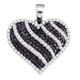 10kt White Gold Womens Round Black Color Enhanced Diamond Striped Heart Pendant 1.00 Cttw
