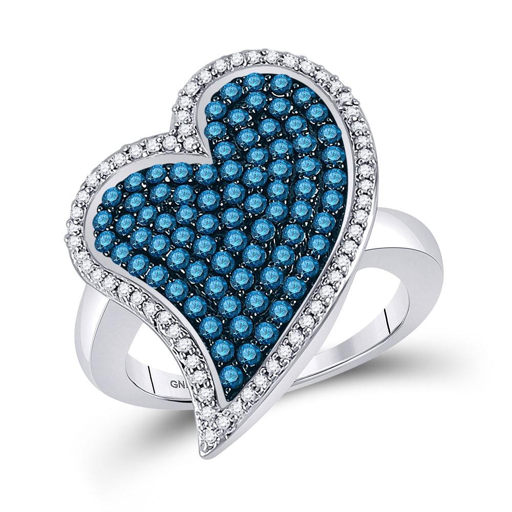 10kt White Gold Womens Round Blue Color Enhanced Diamond Large Heart Cluster Ring 1-3/8 Cttw