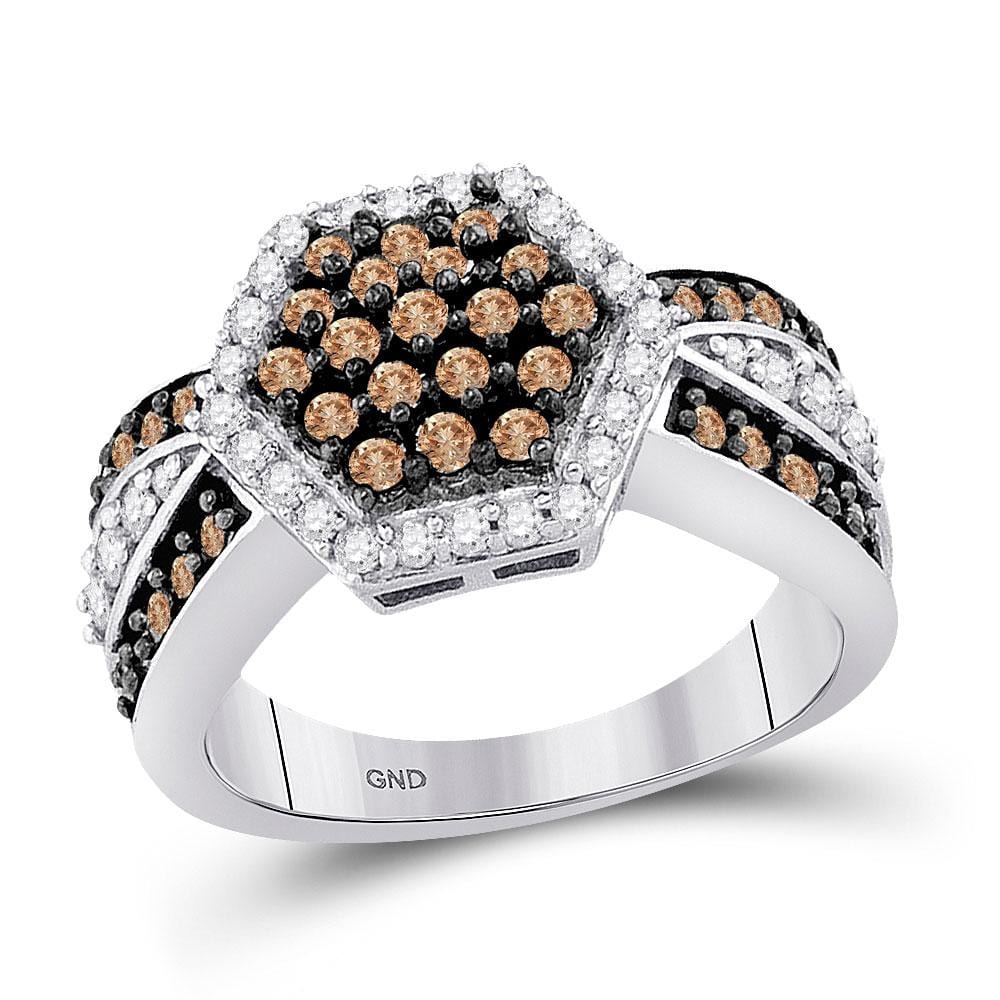 10kt White Gold Womens Round Brown Diamond Hexagon Cluster Ring 1 Cttw