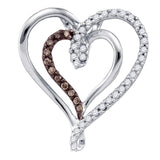 10kt White Gold Womens Round Brown Diamond Double Nested Heart Pendant 1/4 Cttw