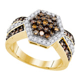 10kt Yellow Gold Womens Round Cognac-brown Color Enhanced Diamond Hexagon Cluster Ring 1.00 Cttw