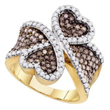10kt Yellow Gold Womens Round Brown Color Enhanced Diamond Heart Ring 1-1/2 Cttw