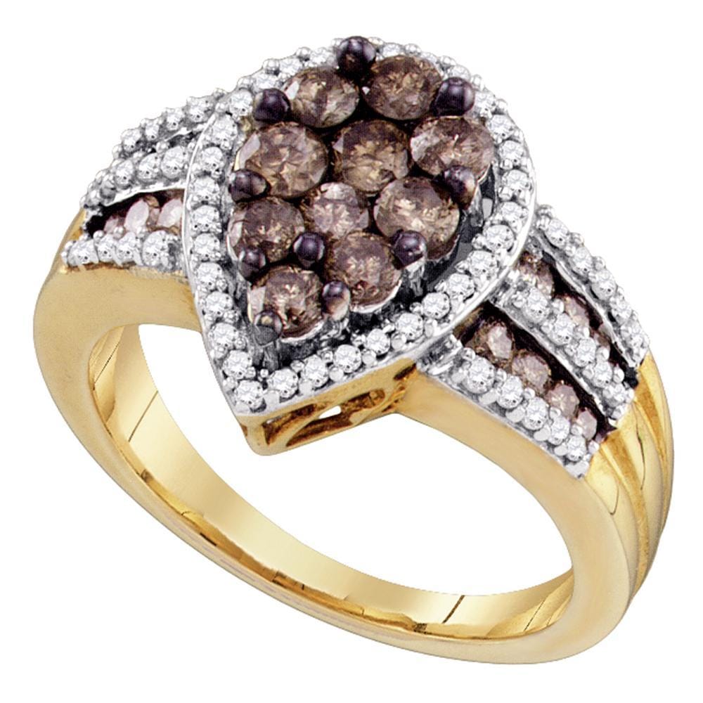 10kt Yellow Gold Womens Round Brown Color Enhanced Diamond Teardrop Cluster Ring 1-1/2 Cttw