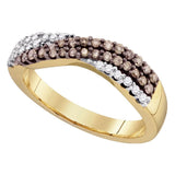 10kt Yellow Gold Womens Round Brown Diamond Crossover Band Ring 3/8 Cttw