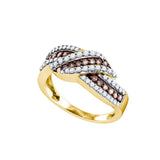 10kt Yellow Gold Womens Round Brown Diamond Crossover Band Ring 3/4 Cttw