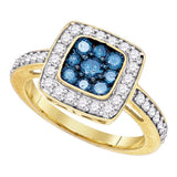 10kt Yellow Gold Womens Round Blue Color Enhanced Diamond Square Cluster Ring 1 Cttw