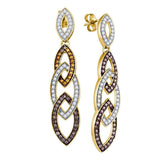 10kt Yellow Gold Womens Round Brown Diamond Cascading Oval Dangle Earrings 1-1/3 Cttw