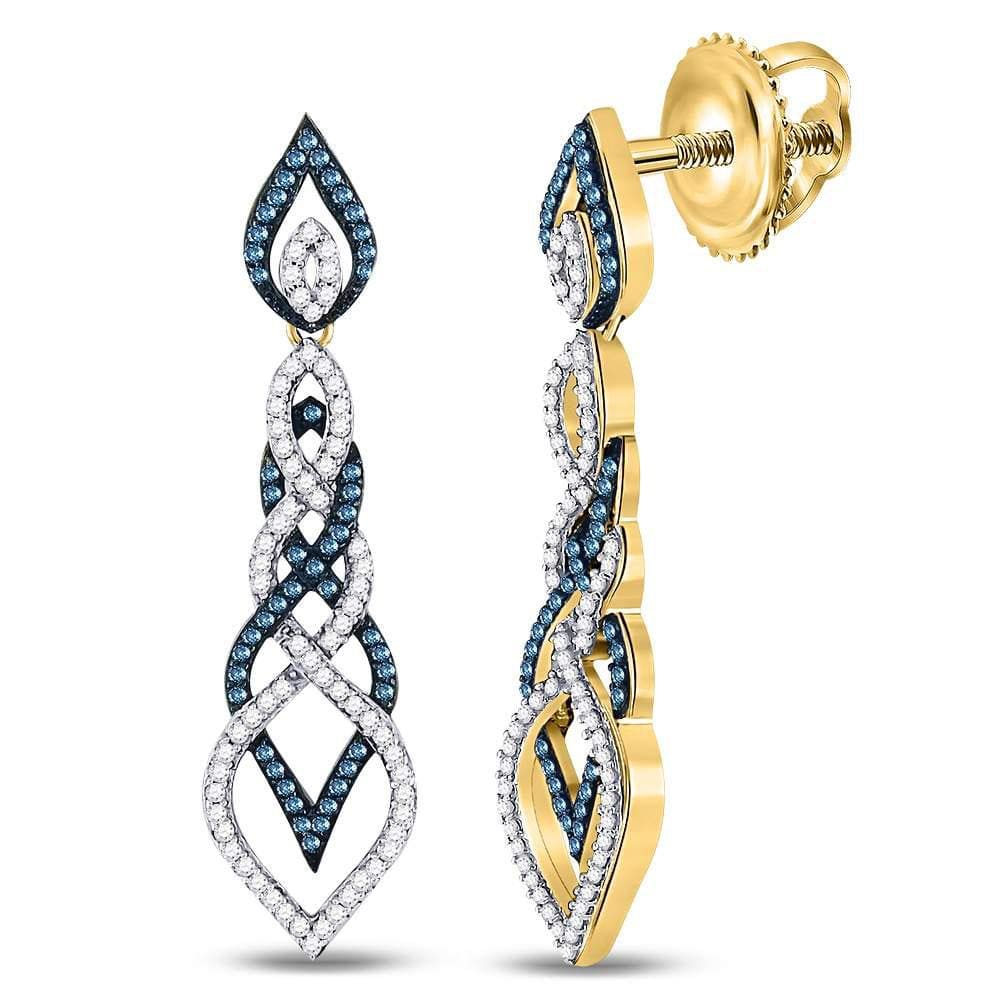 10kt Yellow Gold Womens Round Blue Color Enhanced Diamond Dangle Earrings 1-3/4 Cttw
