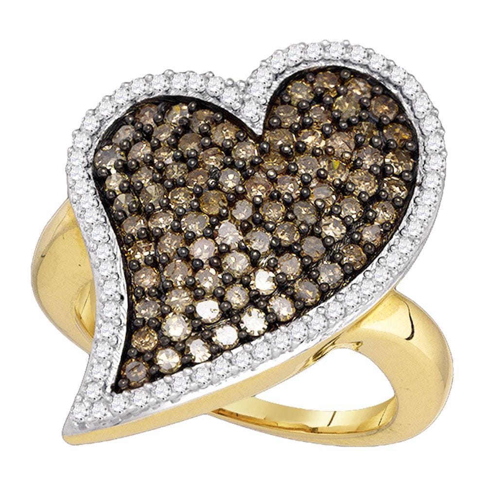 10kt Yellow Gold Womens Round Brown Diamond Heart Cluster Ring 1-1/2 Cttw