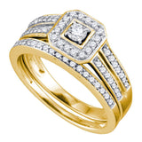 14kt Yellow Gold Round Diamond Square Halo Bridal Wedding Ring Band Set 1/2 Cttw