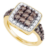 10kt Yellow Gold Womens Round Brown Diamond Square Cluster Ring 1-5/8 Cttw
