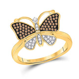 10k Yellow Gold Womens Brown Round Diamond Cluster Butterfly Bug Ring 1/5 Cttw