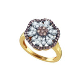 10k Yellow Gold Womens Brown Round Diamond Flower Cluster Ring 3/4 Cttw