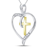 Sterling Silver Womens Round Diamond Heart & Cross Two-tone Pendant 1/20 Cttw