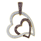 10kt Yellow Gold Womens Round Brown Diamond Double Heart Pendant 1 Cttw