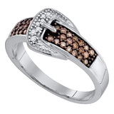 10kt White Gold Womens Round Brown Belt Buckle Diamond Band Ring 1/4 Cttw