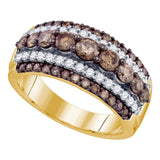 10kt Yellow Gold Womens Round Brown Diamond Striped Cocktail Ring 1-1/2 Cttw