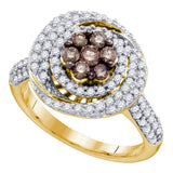 10kt Yellow Gold Womens Round Brown Color Enhanced Diamond Cluster Ring 1.00 Cttw