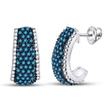 10kt White Gold Womens Round Blue Color Enhanced Diamond Half J Hoop Earrings 1-1/2 Cttw