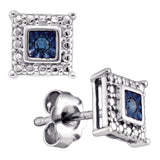 Sterling Silver Womens Round Blue Color Enhanced Diamond Square Earrings 1/20 Cttw