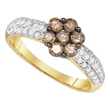 10kt Yellow Gold Womens Round Cognac-brown Color Enhanced Diamond Flower Cluster Ring 7/8 Cttw