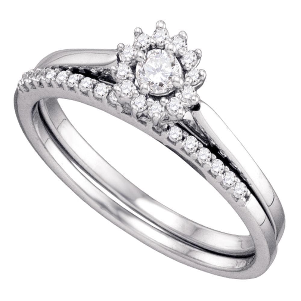 10k White Gold Round Diamond Halo Wedding Bridal Ring Set 1/4 Cttw