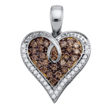 10kt White Gold Womens Round Brown Color Enhanced Diamond Heart Pendant 1/2 Cttw