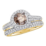 14kt Yellow Gold Womens Round Brown Diamond Bridal Wedding Ring Set 1-1/4 Cttw Size