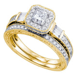 14kt Yellow Gold Womens Princess Diamond Bridal Wedding Engagement Ring Band Set 1-1/5 Cttw