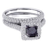 14kt White Gold Princess Black Color Enhanced Diamond Wedding Ring Set 1-1/4 Cttw Sz 8