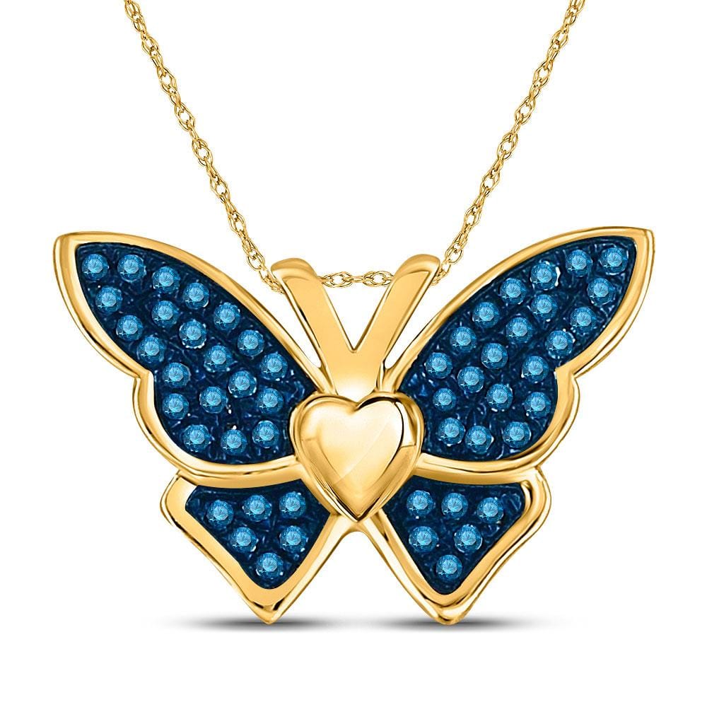 10kt Yellow Gold Womens Round Blue Color Enhanced Diamond Butterfly Bug Pendant 1/6 Cttw