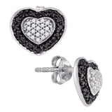 10K White Gold Black Color Enhanced Round Diamond Heart Love Cluster Screwback Stud Earrings 1/2 Cttw